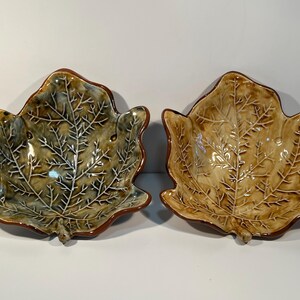 St. Remy Ambiance Collection Maple Leaf Bowl Set - Green/Brown and Yellow/Brown - Both Embossed With Leaf Vein Pattern - Rare Pair