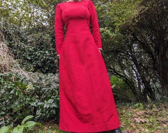 Vintage 1960s red maxi dress with faux pearl details. 60s party evening dress. Size UK 10 12