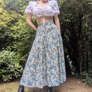 Vintage 90s Laura Ashley blue, yellow and green floral high waisted midi skirt. 30" waist. Size UK 12 14 / Medium