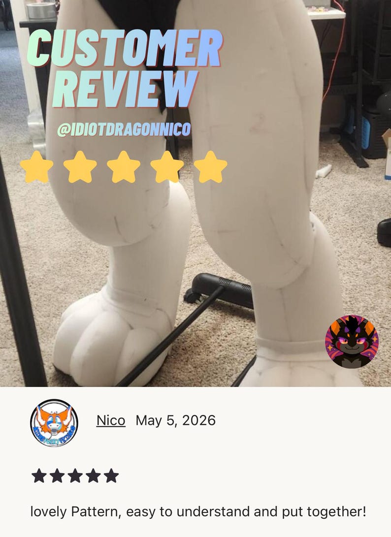 May include: A pair of white, padded furry legs, part of a costume, with a paw-like foot design. The image includes text that says "CUSTOMER REVIEW" and "@IDIOTDRAGONNICO" with a five-star rating. The legs are on a carpeted floor.