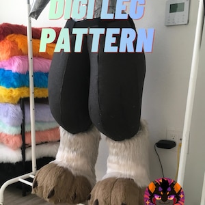 May include: A pair of digitigrade leg pattern fursuit legs. The legs are black with white and brown fur on the feet. The text "DIGI LEG PATTERN" is displayed in a gradient font.