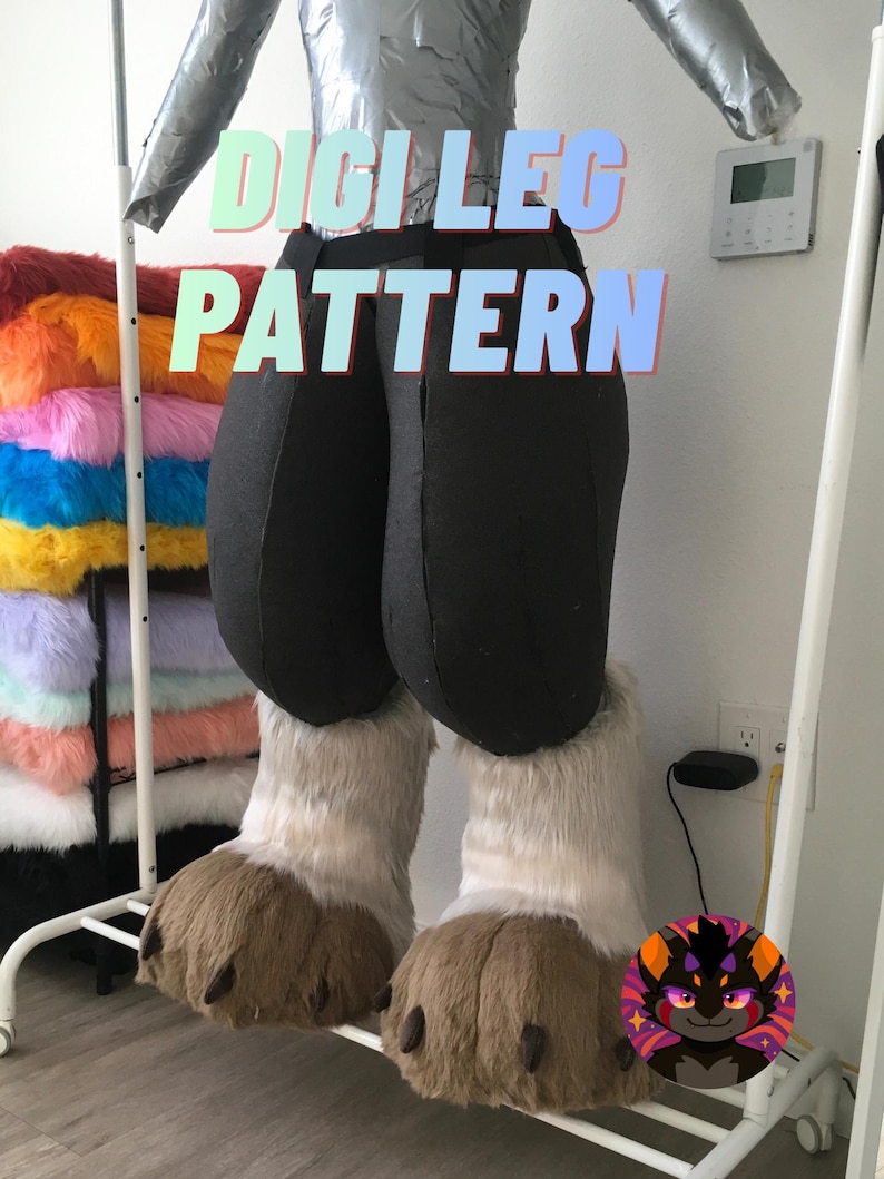 May include: A pair of digitigrade leg pattern fursuit legs. The legs are black with white and brown fur on the feet. The text "DIGI LEG PATTERN" is displayed in a gradient font.