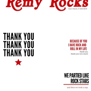 custom ONE ROCKS thank you cards digital file rock and roll magazine cover birthday