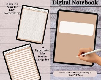 May include: Digital notebook template with a brown background and a white title bar. The notebook has 16 hyperlinked tabs for fast navigation. The template is perfect for note-taking and is compatible with GoodNotes, Notability, and other PDF apps.
