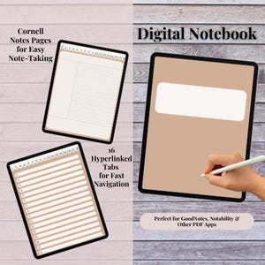 Digital Cornell Notes Notebook for iPad | 16-Tab Hyperlinked Study Planner | GoodNotes | Notability | Perfect for Students | Professionals