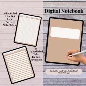 May include: Digital notebook template with 16 hyperlinked tabs for fast navigation. The template features wide ruled and line dot paper for easy note-taking. It is compatible with GoodNotes, Notability, and other PDF apps.