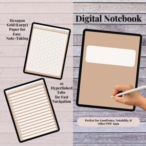 Può includere: Blocco notes digitale con copertina marrone e barra del titolo bianca. Il blocco notes ha 16 schede ipercollegate per una navigazione rapida. Il blocco notes è perfetto per prendere appunti e include una pagina con griglia esagonale e una pagina rigata.