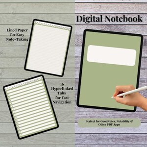Lined Digital Notebook for iPad | 16-Tab Hyperlinked Notebook | GoodNotes & Notability | Aesthetic Planner | PDF Download | Olive Pages