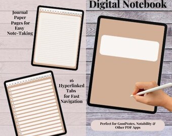 Op de afbeelding: Digitale notitieboek-sjabloon met 16 hyperlinks voor snelle navigatie. De sjabloon heeft een bruine achtergrond en witte lijnen. De tekst "Digitaal notitieboek" staat bovenaan de sjabloon. De tekst "Perfect voor GoodNotes, Notability & Andere PDF-apps" staat onderaan de sjabloon.