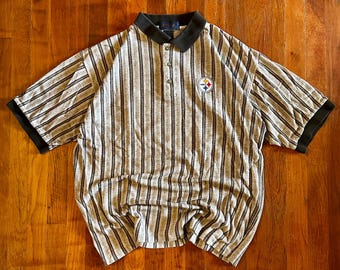 Vintage Pittsburgh Steelers NFL Football ‘90s Gray Black Striped Polo Shirt L