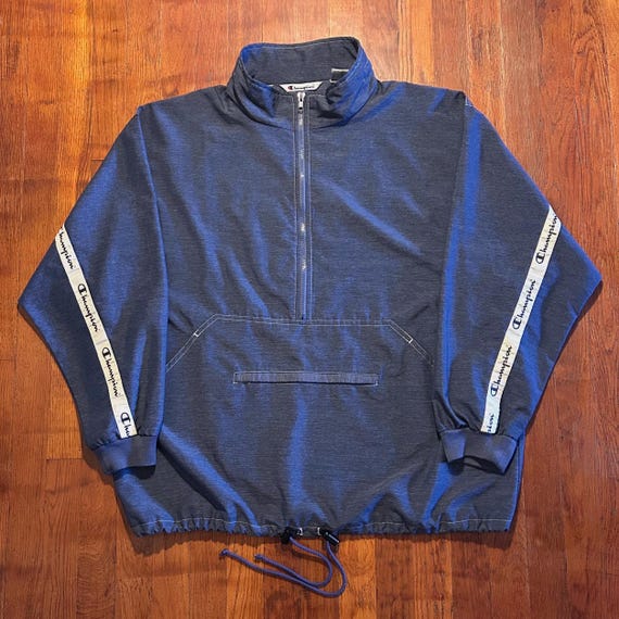 Champion, Vintage ‘90s Champion Anorak Blue White Spellout 1/2 Zip Windbreaker Track Jacket XL