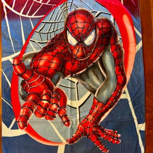 May include: A rectangular beach towel featuring a vibrant illustration of Spider-Man. The superhero is depicted in his iconic red and blue suit, with his hands outstretched. The background includes a spider web design and a red circular frame.