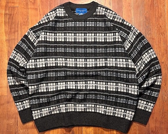 Vintage Town Craft ‘90s Grandpa Geometric Striped Gray Black Crewneck Sweater L