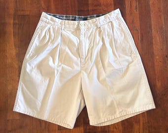 Vintage Polo Ralph Lauren The Classic Golf Short Preppy Crest Logo Pleated Khaki Tan 8in Shorts 29