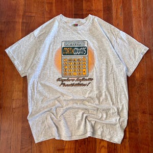May include: A light gray t-shirt featuring a calculator graphic with the text "2002 MATHCOUNTS" and "Explore Infinite Possibilities!". The calculator design includes orange, yellow, and black details.