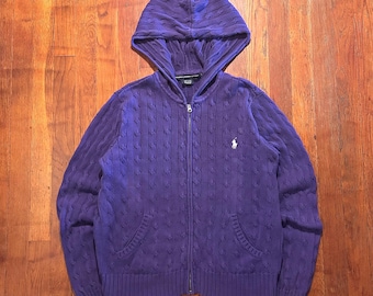 Sudadera con capucha de algodón morado de punto trenzado con logo de pony estilo preppy vintage de Polo Ralph Lauren, talla M