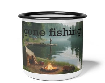 12 oz Enamel Camp Cup, Gone Fishing Camping Mug, Outdoor Adventure Travel Mug, Fishing Gift, Father's Day Gift, Camping Lover Gift, Retro