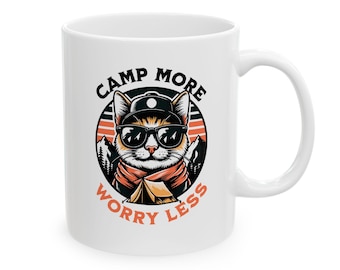 Ceramic Mug, Winter Camping Cat Coffee Cup, Camp More Worry Less, Cat Lover Gift