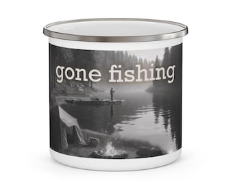 12 oz Enamel Camping Mug | Gone Fishing Campfire Cup, Outdoor Adventure Tea Cup, Rustic Camper Coffee Mug, Wilderness Traveler Gift