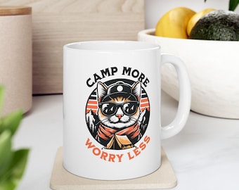 Ceramic Mug, Winter Camping Cat Coffee Cup, Camp More Worry Less, Cat Lover Gift