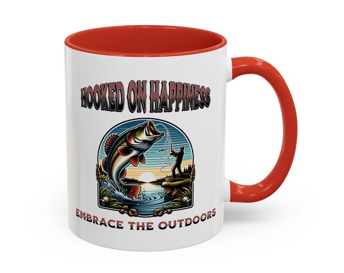 Accent Fishing Mug: Hooked On Happiness, Outdoorsman Angler Gift