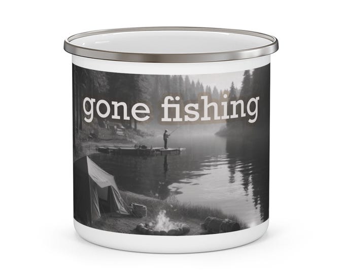 Gone Fishing Camping Mug, Stainless Steel Enamel Coated 12oz Mug.