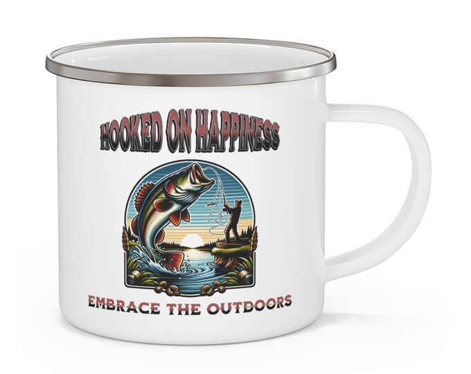 Enamel Camping Mug, Hooked on Happiness, Embrace the Outdoors, Camping and Fishing Cup, Adventure Coffee Mug, Outdoorsy Gift, Campfire Mug