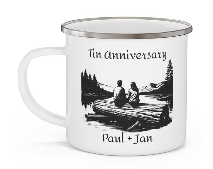 Personalized Enamel Mug, Camping Cup, Outdoor Adventure Gift, Campfire Coffee, Couple Sitting On A Wood Log At Lake