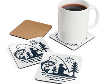 Fishing Adventure Cork Coaster Set: Cabin Decor Gift