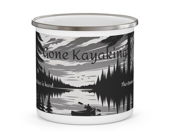 12 oz Enamel Kayaking Mug, Kayaker Gone Kayaking, Outdoor Adventure Mug, Lake Coffee Mug, Water Sports Enthusiast Gift