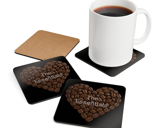 Coffee Lover Coaster Set: Heart Design, Cork Back - Housewarming Gift