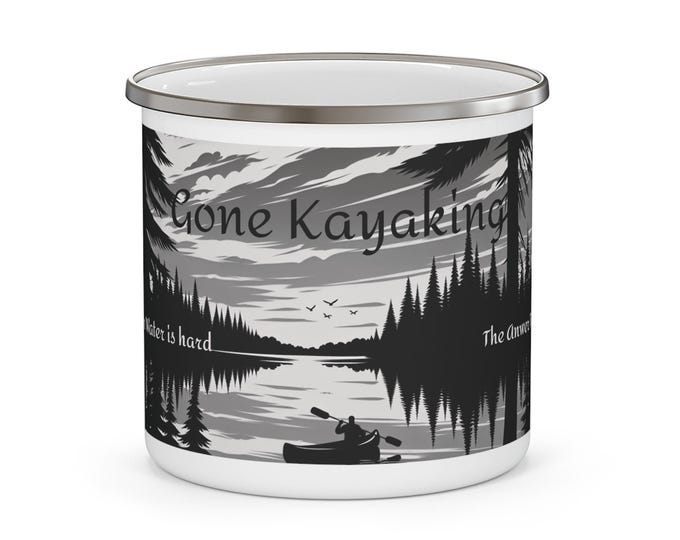 Kayak Lake Coffee Mug: Black & White Scenery, Paddling Adventure Mug