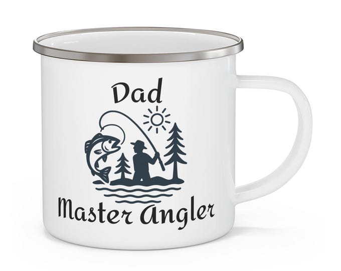 Enamel Fishing Mug: 12oz Campfire Coffee Mug with Stainless Steel Rim