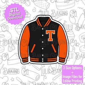 May include: A black and orange varsity jacket cookie cutter design featuring a letter T on the left chest, striped ribbed collar, cuffs, and hem, with a front button closure. The graphic includes the text .STL Digital Download and 3 Size Options.