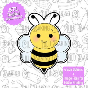 Può includere: Un tagliabiscotti a forma di ape a fumetti giallo e nero con un volto sorridente e ali bianche. L'immagine include il testo '.STL Digital Download' e '4 Size Options + Image Files for Edible Printing'.