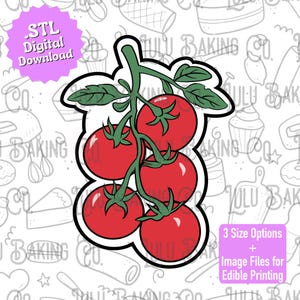 May include: A digital download of a tomato cookie cutter design. The design features five red tomatoes with green stems and leaves. The text "3 Size Options + Image Files for Edible Printing" is also included.