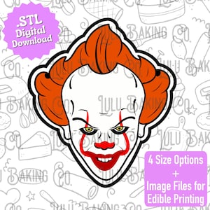 May include: A black and white illustration of a clown's face with red accents, orange hair, and yellow eyes. The image includes the text ".STL Digital Download" and "4 Size Options + Image Files for Edible Printing".