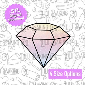 May include: A diamond-shaped design with a gradient of pink, yellow, and blue, outlined in black. The image includes text that says '.STL Digital Download' and '4 Size Options'. The background features baking-themed illustrations.