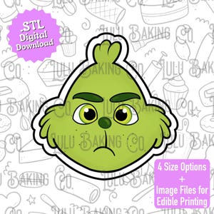 Op de afbeelding: Een groene Grinch gezicht uitsteker met een witte omtrek. De Grinch heeft een humeurige uitdrukking, met gele ogen en een kleine groene neus. De afbeelding bevat de tekst "STL Digital Download" en "4 Size Options + Image Files for Edible Printing."
