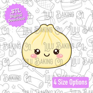 May include: A pale yellow dumpling-shaped cookie cutter with a cute face featuring large black eyes, a small smile, and pink cheeks. The image includes a pink starburst label reading .STL Digital Download and a pink rectangle reading 4 Size Options.