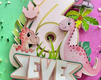 Topo de bolo de dinossauro personalizado, decoração de bolo de dinossauro, topo de bolo de aniversário de dinossauro, bolo de T-Rex Smash, tema de festa jurássica para meninas