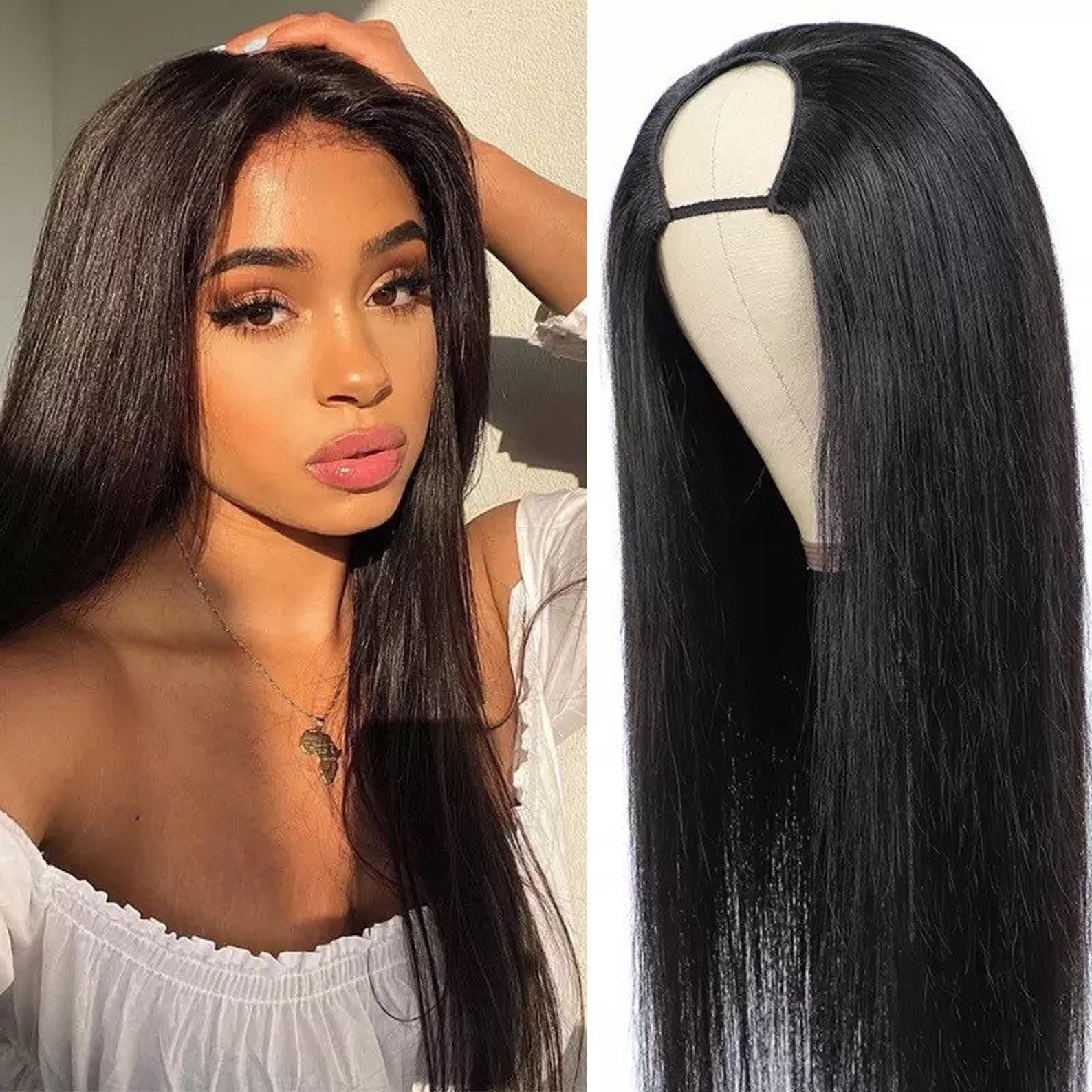 Brazilian Bone Straight U Part Wig Human Hair with Clips Cheap | Etsy