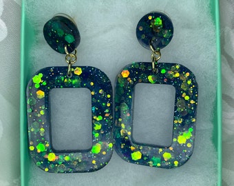 Blue, green and gold glitter modern drop acrylic earrings