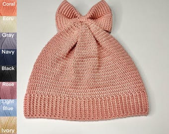 Slouchy Bow Beanie, Handmade Crocheted Winter and Fall Accessories