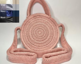 Crossbody Circle Purse with Handles and Zipper, Handmade Crocheted Shoulder Bag with Inside Pocket