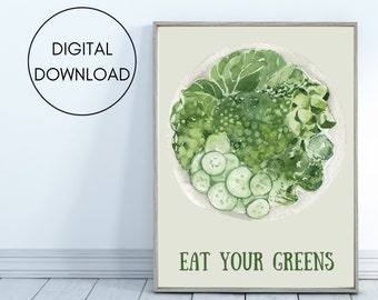 Eat your greens digital print, Vegan vegetarian wall art, Kitchen decor quote print, Vegetable watercolour art