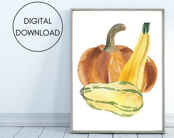 Fall vegetable digital print, kitchen vegetables decor, pumpkin downloadable wall art