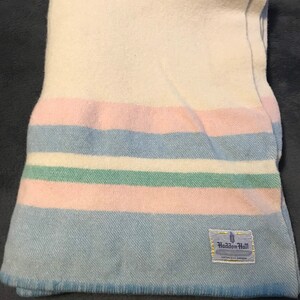 Vintage Haddon Hall All Wool Blanket, "5FT x 6FT", Beige/Pink/Green/Blue Striped Blanket, Eaton's of Canada image 1
