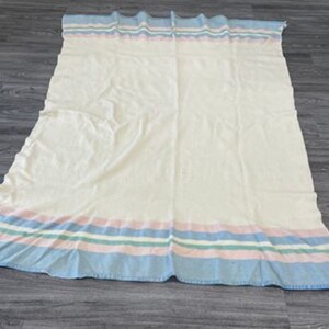 Vintage Haddon Hall All Wool Blanket, "5FT x 6FT", Beige/Pink/Green/Blue Striped Blanket, Eaton's of Canada image 7