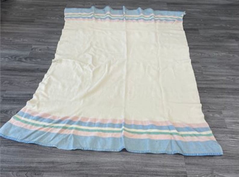 Vintage Haddon Hall All Wool Blanket, "5FT x 6FT", Beige/Pink/Green/Blue Striped Blanket, Eaton's of Canada image 7